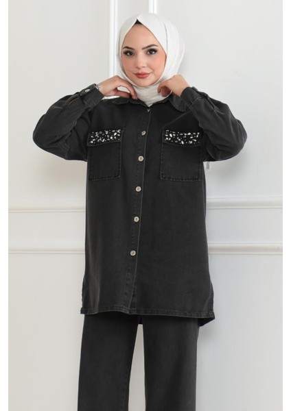 Düğmeli Taş Detaylı Kot Takım Füme 19285 fiyatları