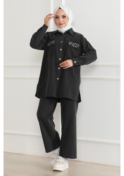 Düğmeli Taş Detaylı Kot Takım Füme 19285 modelleri