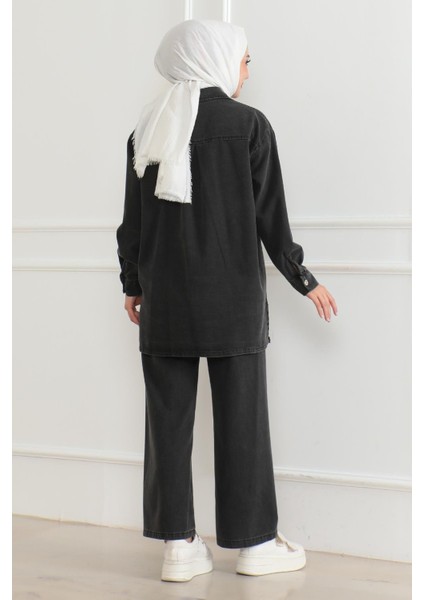 Düğmeli Taş Detaylı Kot Takım Füme 19285 fırsatları