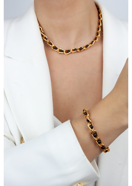 Kontras Renk Zincir Kolye Bileklik Set