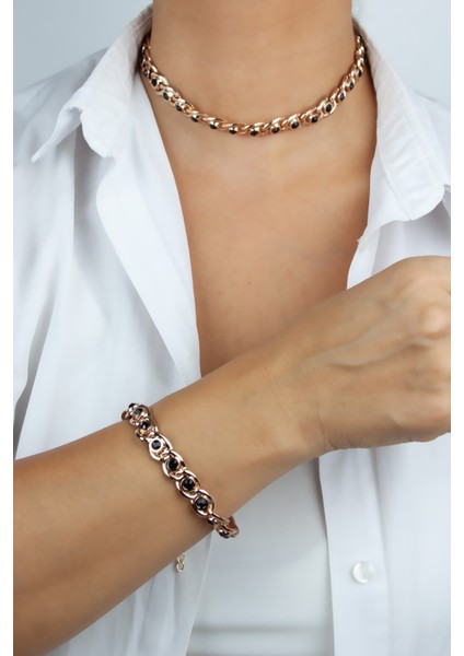 Siyah Kristal Detay Bronz Kolye Bileklik Set