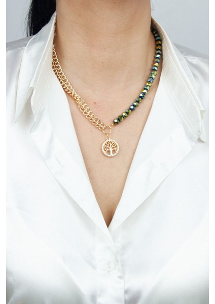 Hayat Ağacı Uçlu Gold Zincir Kristal Kolye