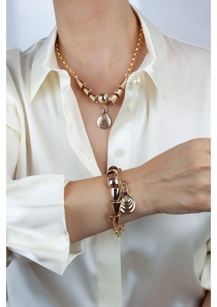 Halka Zincir Bronz Uçlu Tasarım Kolye Bileklik Set