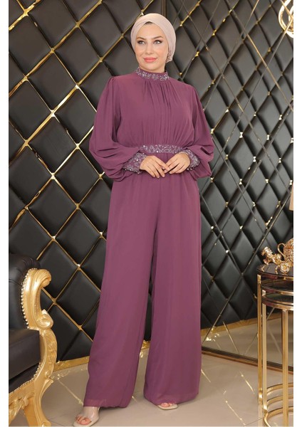 Taş Detaylı Şifon Tulum Abiye Mürdüm MSW19153 modelleri