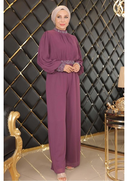 Taş Detaylı Şifon Tulum Abiye Mürdüm MSW19153 fırsatları