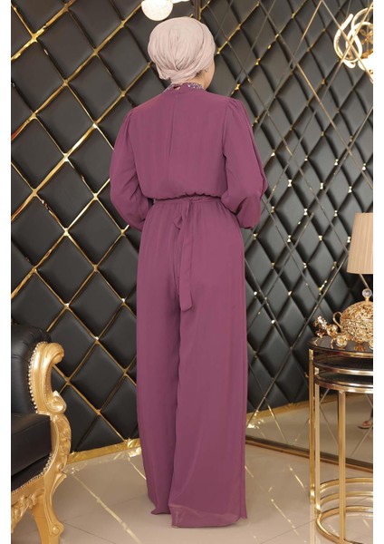 Taş Detaylı Şifon Tulum Abiye Mürdüm MSW19153 indirimleri