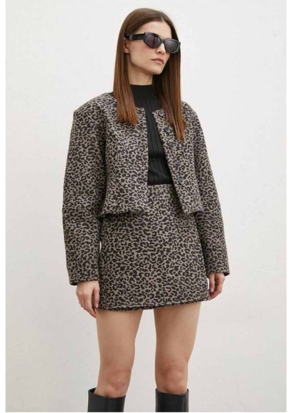 Düğme Kapamalı Crop Ceket Mını Etek Shany Zara Model Leopar Desen Takımı