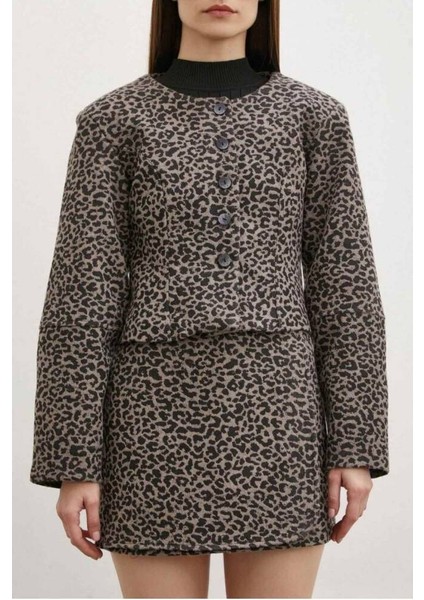 Düğme Kapamalı Crop Ceket Mını Etek Shany Zara Model Leopar Desen Takımı modelleri