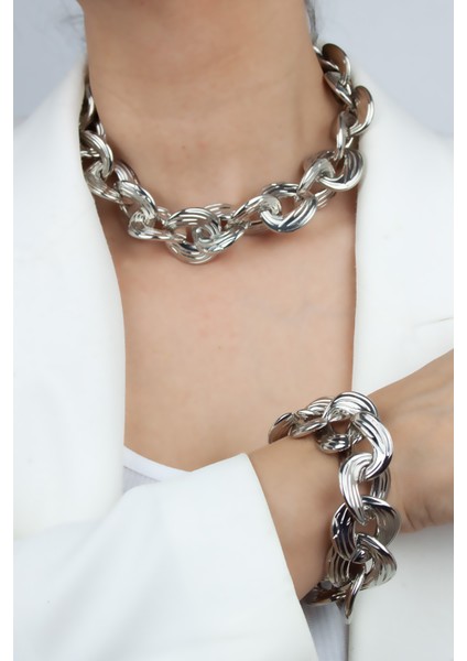 Metalize Kalın Zincir Kolye Bileklik Set