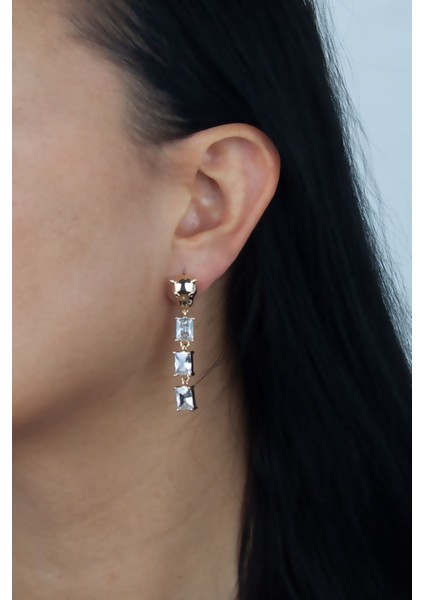 Kaplan Figürlü Üç Sıra Kristal Taşlı Küpe