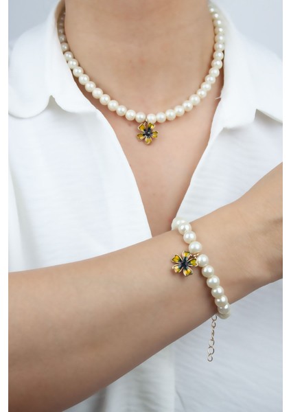 Cam Inci Çiçek Figür Kolye Bileklik Set