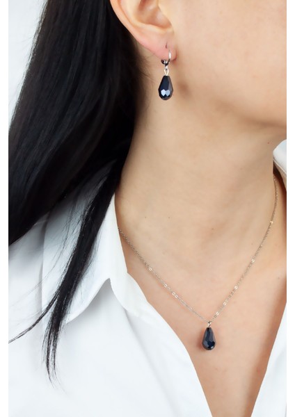 Kristal Uçlu Gümüş Renk Kolye Küpe Set