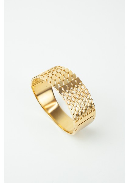 Işlemeli Kalın Kelepçe Gold Çelik Bileklik