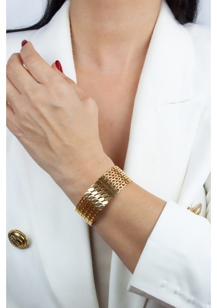 Işlemeli Kalın Kelepçe Gold Çelik Bileklik indirimleri