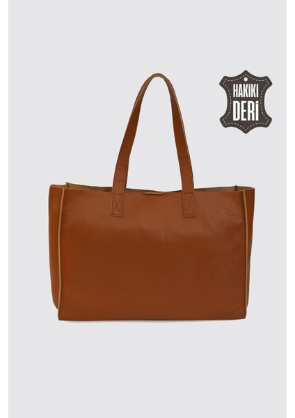 City Tote Hakiki Deri Omuz Çantası Taba SMR9182