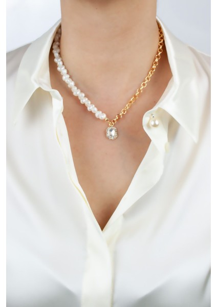 Şeffaf Kristal Uçlu Inci ve Zincir Kolye