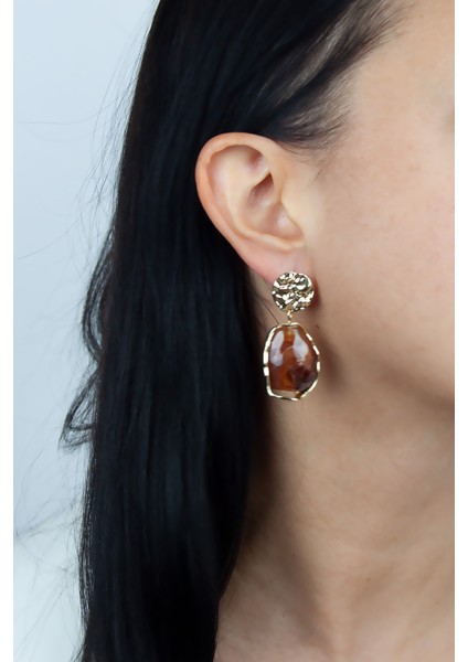 Kehribar Renk Taşlı Gold Küpe