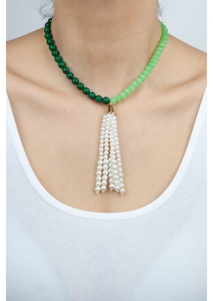 Malahit Doğal Taş Inci Sallantılı Kolye