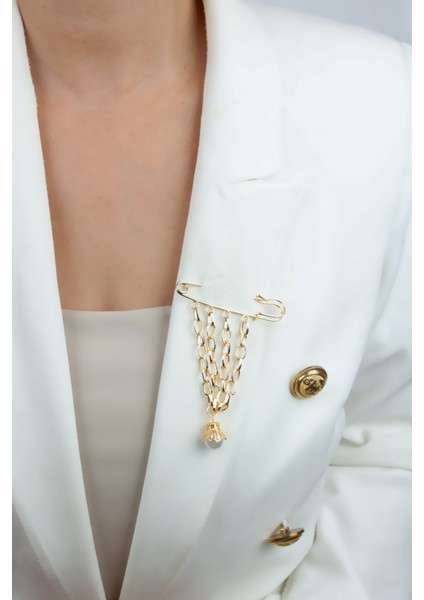 Gold Zincir ve Inci Detay Yaka Iğnesi