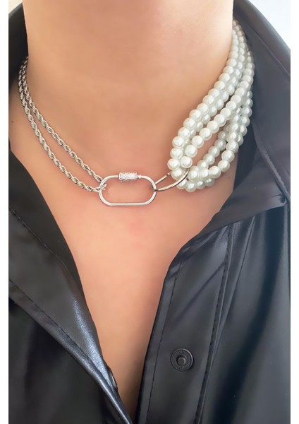 Işıltılı Burgu Zincir ve Incili Tasarım Kolye