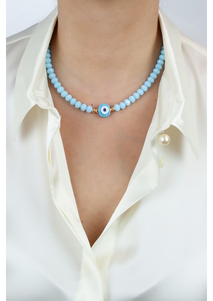 Mavi Nazar Boncuklu Kristal Kolye