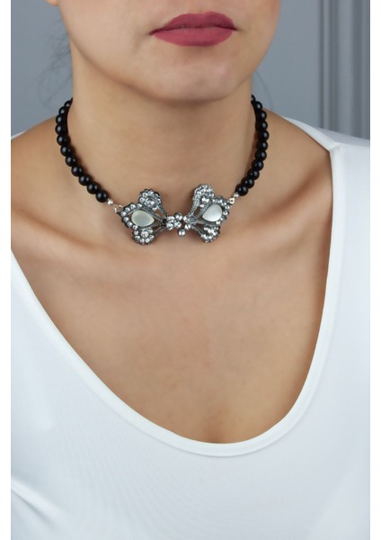 Siyah Cam Boncuk Choker Kolye