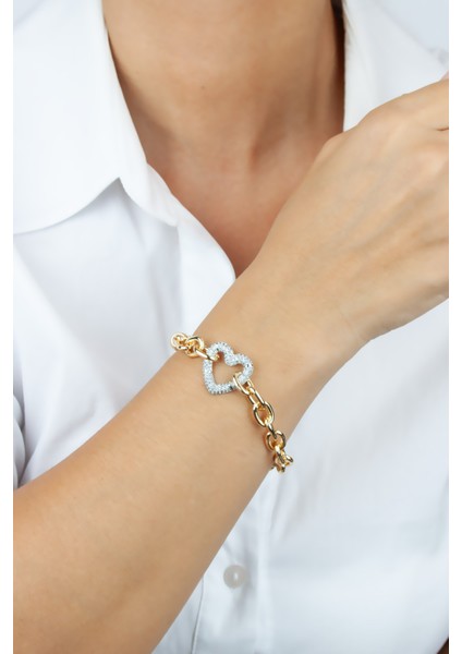 Kalp Figürlü Zirkon Taşlı Gold Bileklik