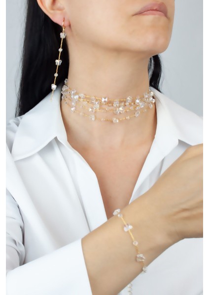 Kristal Taşlı Gold Kolye Küpe Bileklik Set