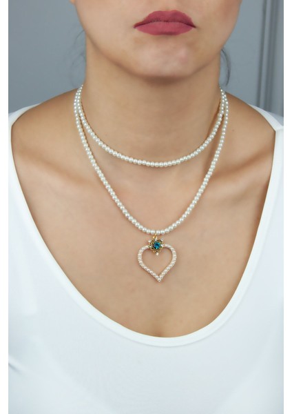 Çift Sıralı Safir Detay Kalp Figür Inci Kolye
