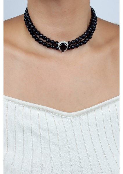 Siyah Damla Kristal Çift Sıralı Kolye