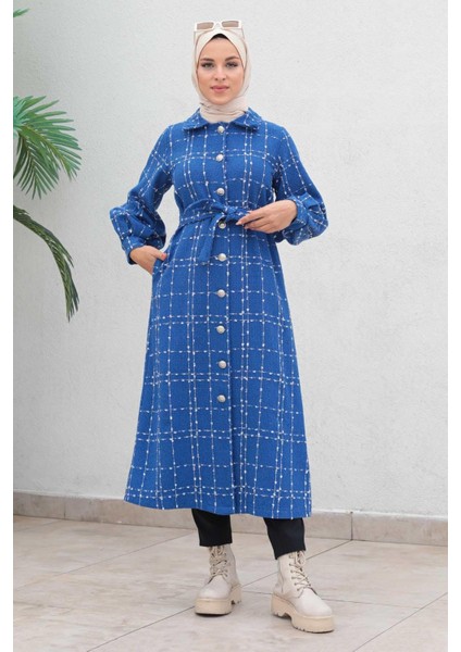 Düğmeli Kaşe Kaban Mavi 19600 modelleri