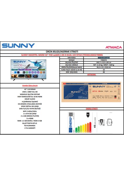 SN43FPRL-W02M 43'' 110 Ekran Uydu Alıcılı Full HD webOS LED TV indirimleri