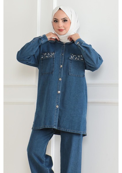 Düğmeli Taş Detaylı Kot Takım Açık Kot 19285 fiyatları