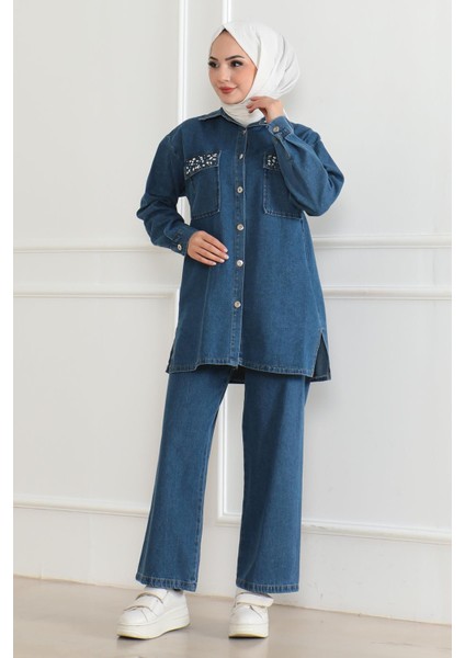 Düğmeli Taş Detaylı Kot Takım Açık Kot 19285 modelleri