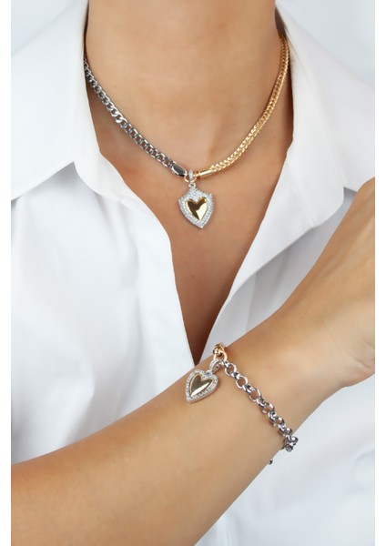 Kontras Renk Kalp Figürlü Kolye Bileklik Set