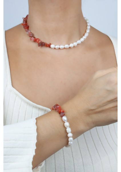 Akik Doğaltaş ve Gerçek Inci Kolye Bileklik Set