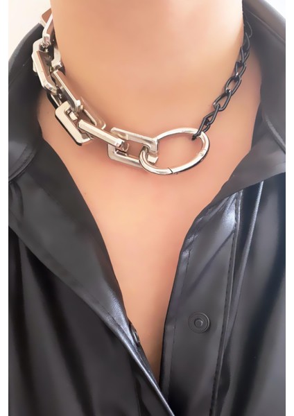 Kontras Renk Kalın Zincir Tasarım Choker Kolye