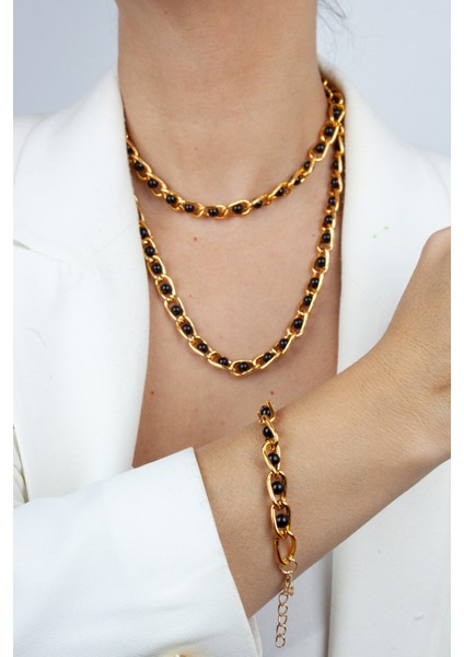 Çift Sıralı Siyah Küre Detay Kolye Bileklik Set