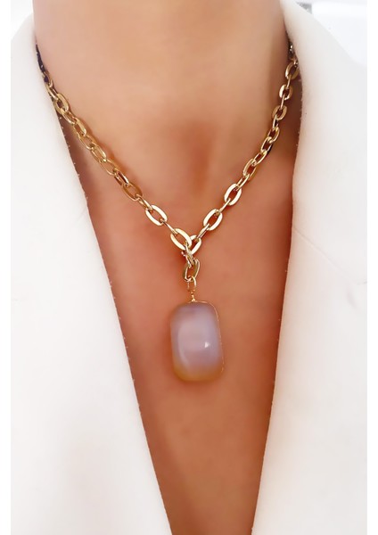 Kuartz Taşlı Gold Kolye