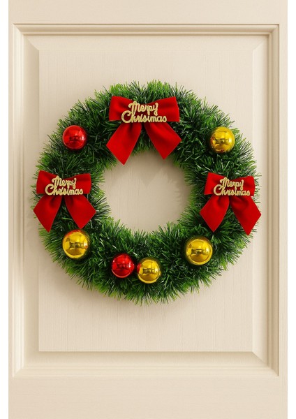 Yılbaşı Kapı Süsü Merry Christmas Çelenk 30 cm Kırmızı Kurdeleli Noel Dekoru