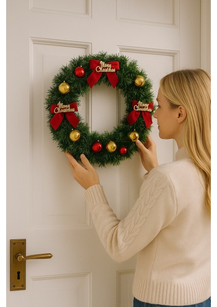Yılbaşı Kapı Süsü Merry Christmas Çelenk 30 cm Kırmızı Kurdeleli Noel Dekoru fiyatları