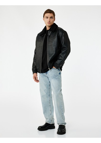 Peluş Yaka Cep Detaylı Uzun Kollu Fermuarlı Suni Deri Ceket fiyatları