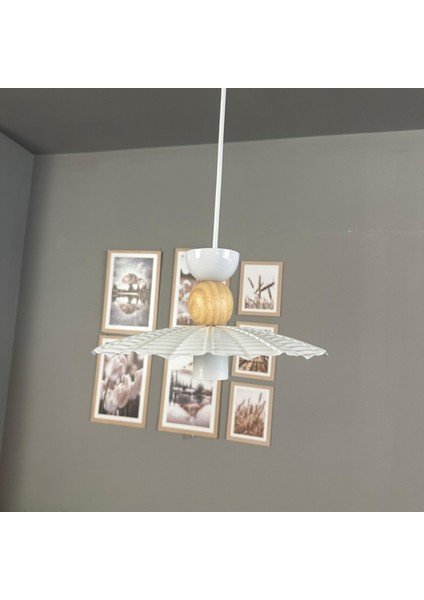 Moriva Beyaz Metal Avize Ahşap Şapka Başlık Tekli Rustik Cafe Modern Sarkıt Aydınlatma