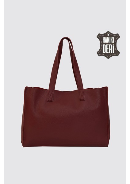 City Tote Hakiki Deri Omuz Çantası Bordo SMR9182