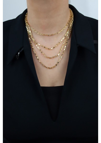 Geometrik Ince Zincir Dört Sıralı Gold Kolye