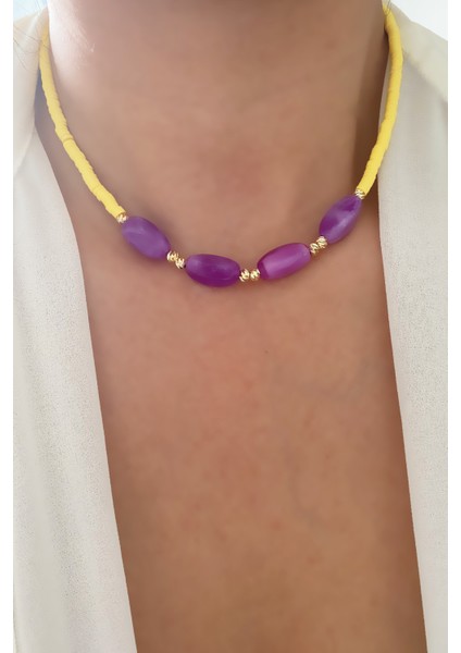 Mor Taşlı Sarı Fimo Kolye