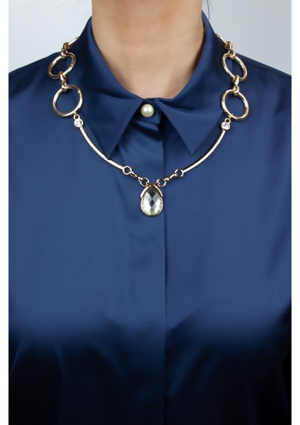 Halka Zincir Kristal Uçlu Gold Kolye