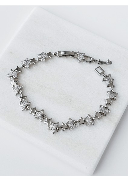 Küçük Taşlı ve Parlak Çift Yıldızlı Silver Bileklik