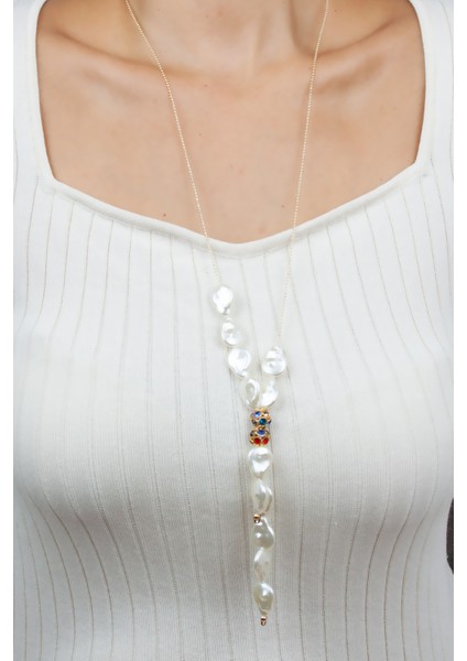 Inci ve Renkli Zirkon Taşlı Ince Zincir Uzun Kolye