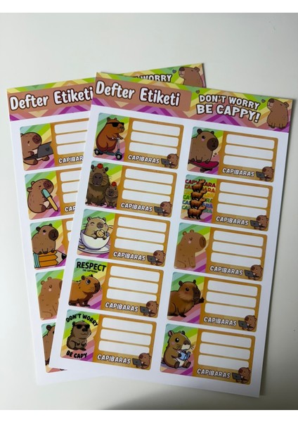 Capybara Defter Etiketi 20’li Set – Renkli ve Sevimli Okul Etiketleri (8x4 Cm, 2 Sayfa)